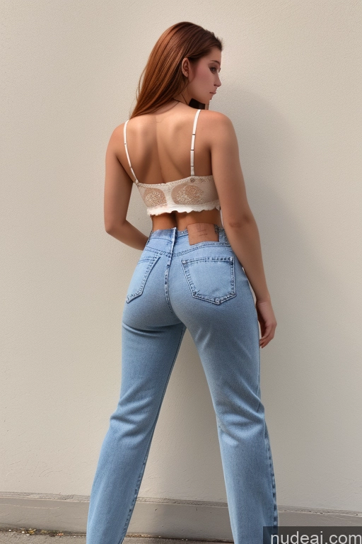 High-waist Jeans Model One 18 Ginger Straight Russian Back View Busty Perfect Body Beautiful Perfect Boobs Skinny