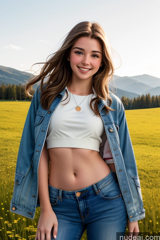 related ai porn images free for Sorority One Fairer Skin 18 Happy Brunette Straight White Front View Crop Top Jeans Jacket Shirt Meadow