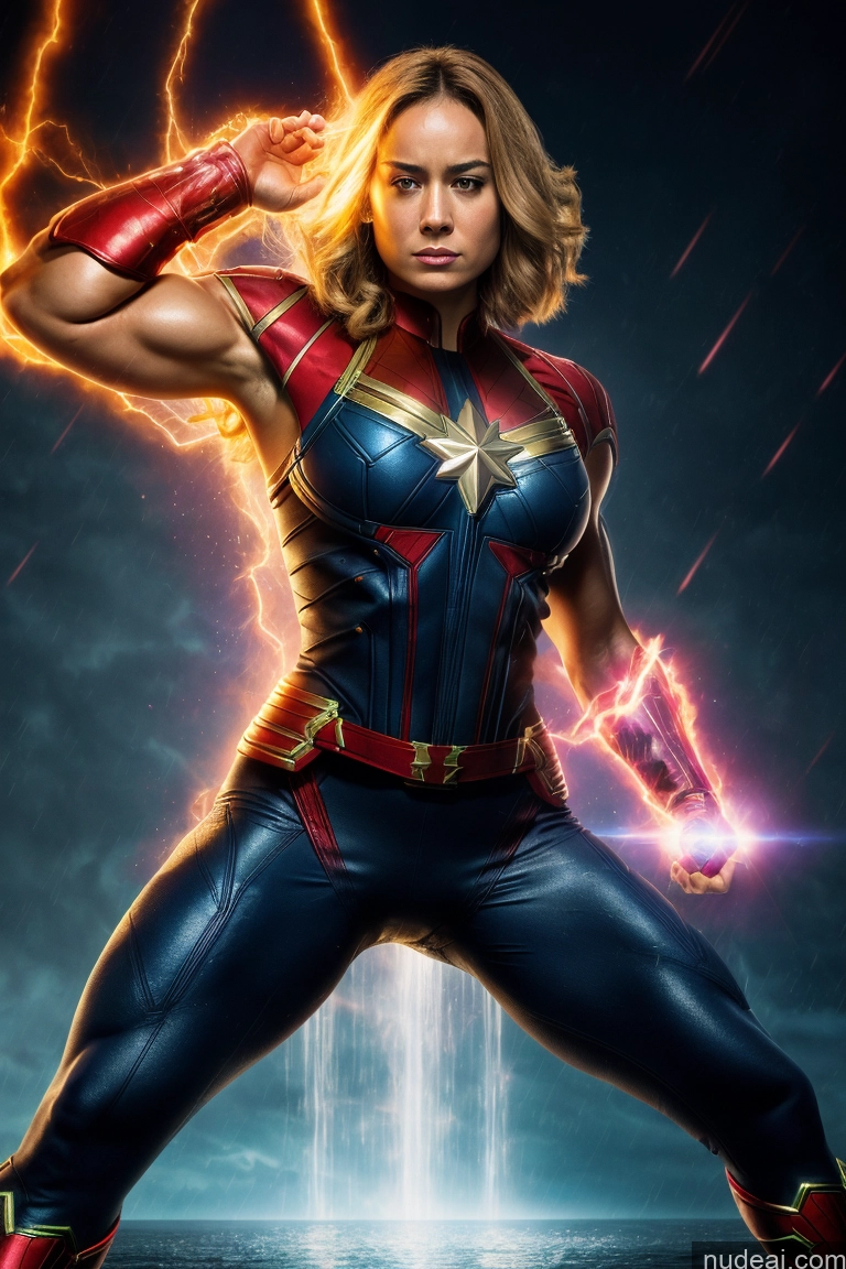 Bodybuilder Busty Perfect Boobs Muscular Abs Science Fiction Style Shower Dynamic View Heat Vision Powering Up Captain Marvel Chain Shackles