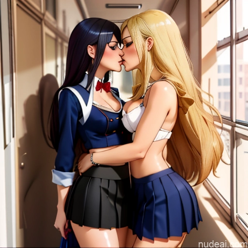 School Hallway School Uniform, Cleavage Cutout, Clothing Cutout, Pleated Skirt, Thighhighs Girl, Woman White Kisses Detailed 18 Small Tits Skinny Small Ass Two Blonde