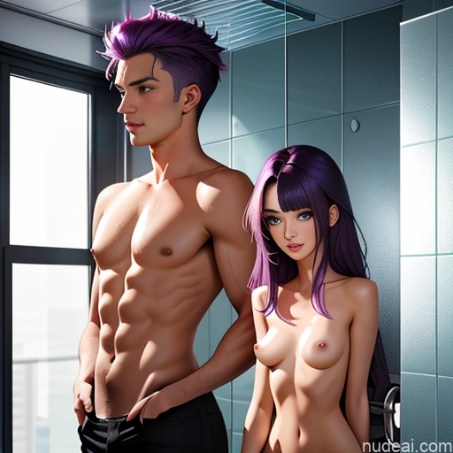 Woman + Man Small Tits Small Ass Skinny Short Fairer Skin 18 Sexy Face Purple Hair Pink Hair Slicked Dutch Shower Nude Detailed