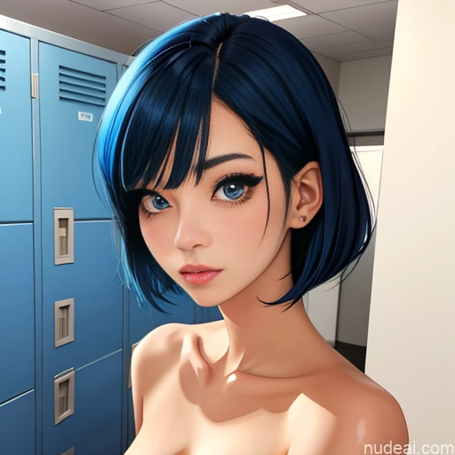 Japanese Soft Anime 18 Shocked Blue Hair Bobcut Watercolor Locker Room Nude Simple