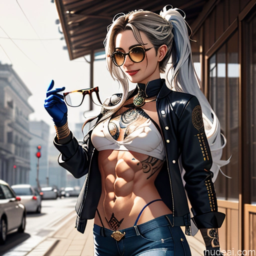 Soft Anime Short Long Hair Brunette 20s Medieval Steampunk Shirt Jeans Jacket Gloves Gold Jewelry Glasses Tattoos Abs Happy Front View Cafe