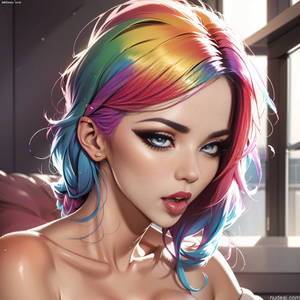Rainbow Haired Girl Two French Braids Licking Oral
