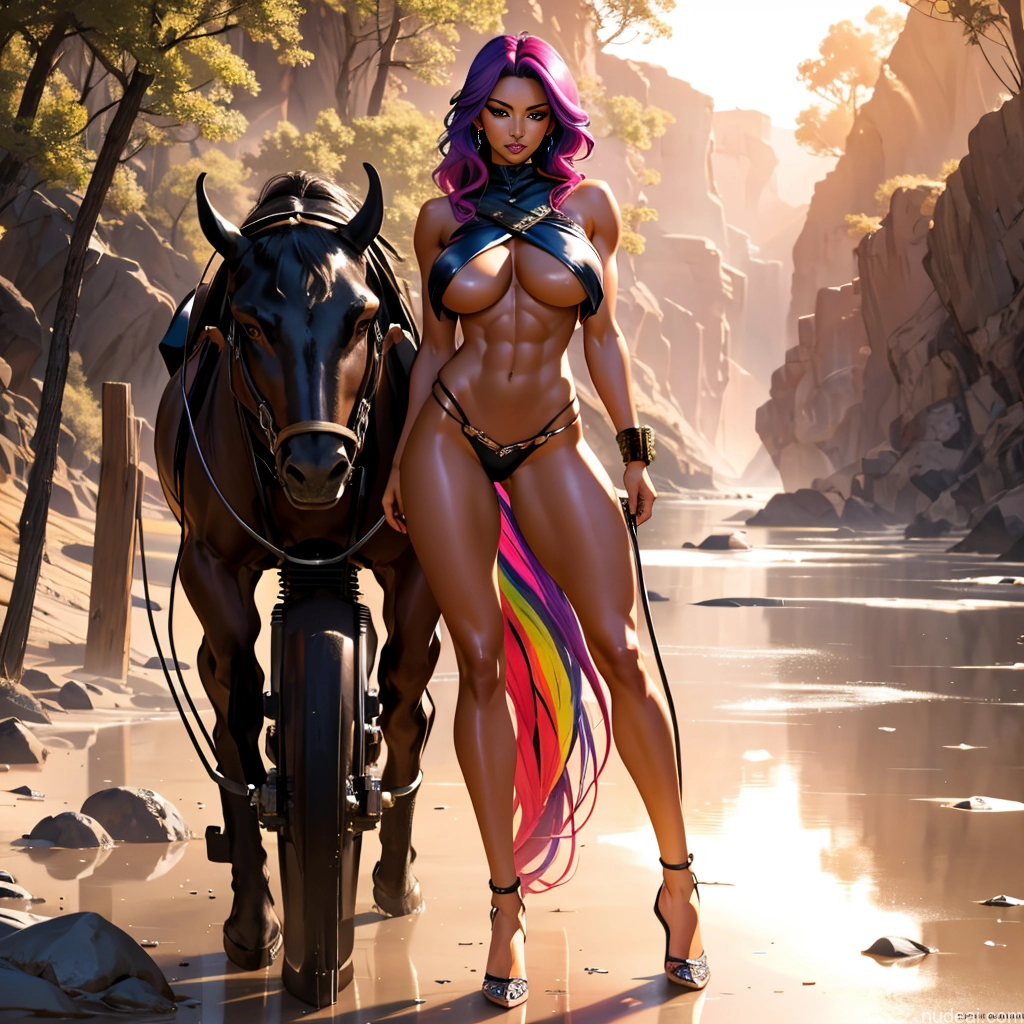 Rainbow Haired Girl Full Frontal Huge Boobs Oiled Body Dark Skin Topless Persian Cute Monster Cowgirl Outfit