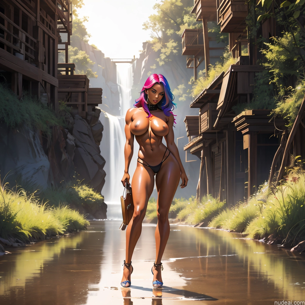 Rainbow Haired Girl Full Frontal Huge Boobs Oiled Body Dark Skin Topless Persian Cute Monster Cowgirl Outfit