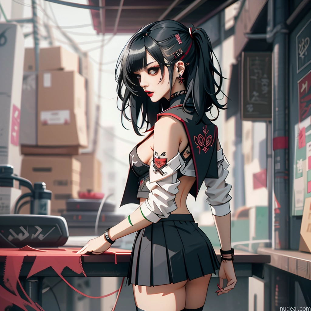 Asian School Uniform, Cleavage Cutout, Clothing Cutout, Pleated Skirt, Thighhighs Perfect Boobs Beautiful Lipstick Small Ass Gothic Punk Girl