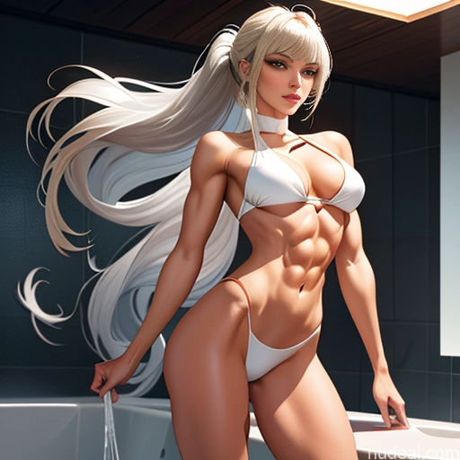 Woman Model Athlete Busty Beautiful Abs Long Legs Long Hair Sexy Face Blonde Hime Cut Bathroom Bathing Nude