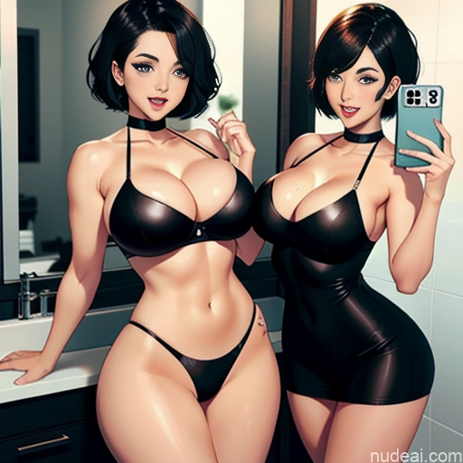 Woman Two Busty Perfect Boobs Beautiful Thick Big Hips Perfect Body Short Hair 18 Shocked Happy Black Hair Bobcut Japanese Mirror Selfie Soft + Warm Bathroom Front View Pose Legs Up Nude Choker Bright Lighting