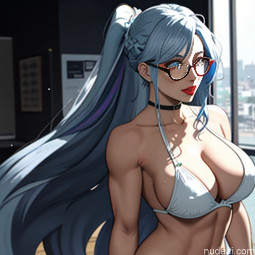 Woman + Man Huge Boobs 18 Ahegao (smile) Dark Lighting Blue Hair Messy Soft Anime Glasses Lipstick Perfect Body Long Hair Reverse Upright Straddle