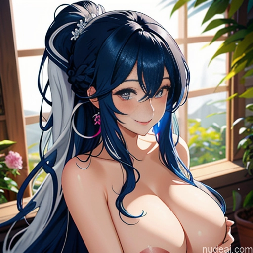 Huge Boobs 18 Blue Hair Messy Long Hair Reverse Upright Straddle Woman Happy Detailed Dark Fantasy