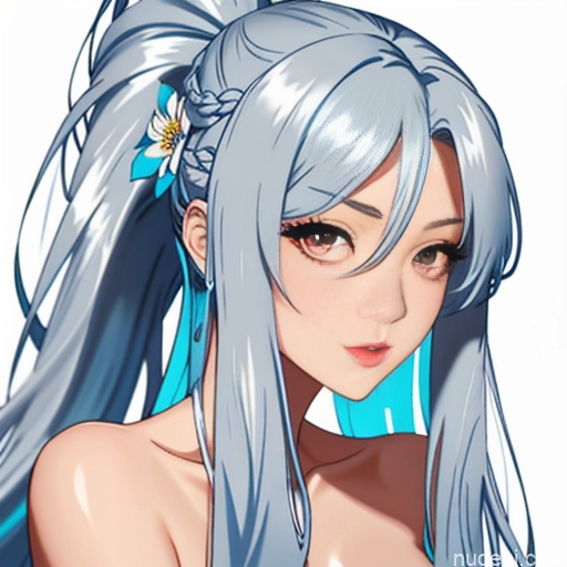 Blue Hair Messy Long Hair Nude Close-up View Front View Ahegao Blowjob