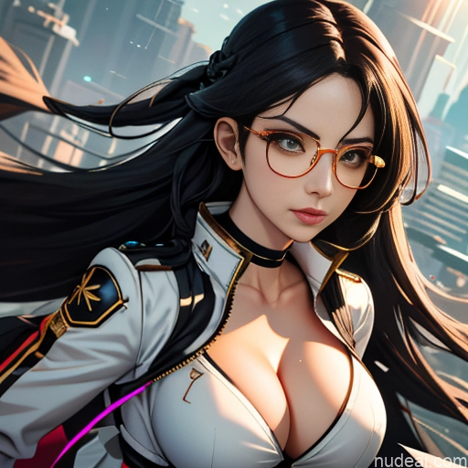 Woman One Perfect Body Girl 20s Seductive White Hair Long Hair Glasses Bangs Messy White Black And White Soft Anime Crisp Anime Cyberpunk Tokyo Front View Close-up View Boots Choker Crop Top Face Mask Gloves Jacket Short Shorts Thigh Socks Whale Tail (Clothing)