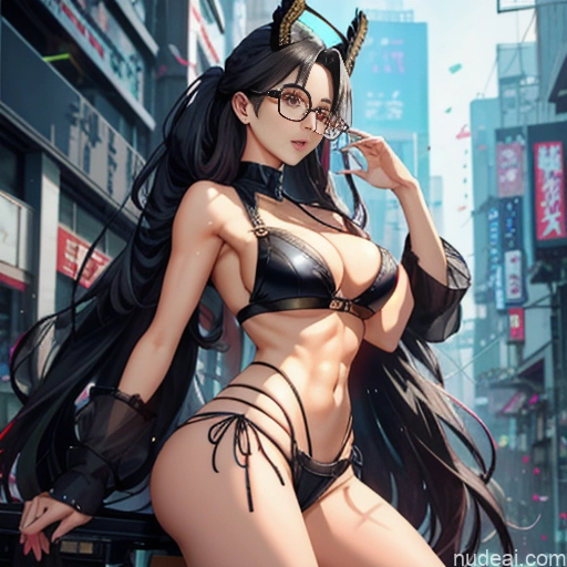Woman One Perfect Body Girl 20s Seductive White Hair Long Hair Glasses Bangs Messy White Black And White Soft Anime Crisp Anime Cyberpunk Tokyo Front View Boots Choker Crop Top Face Mask Gloves Jacket Short Shorts Thigh Socks Whale Tail (Clothing)