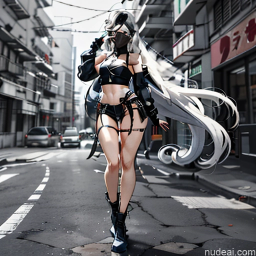 Woman One Perfect Body Girl 20s Seductive White Hair Long Hair Glasses Bangs Messy White Black And White Soft Anime Crisp Anime Cyberpunk Tokyo Front View Boots Choker Crop Top Face Mask Gloves Jacket Short Shorts Thigh Socks Whale Tail (Clothing) Urban Samurai V2