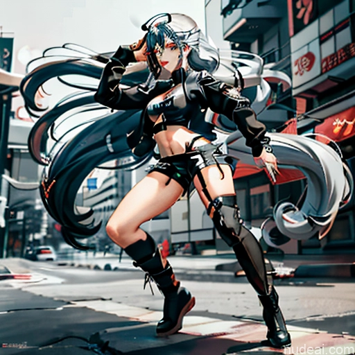 Woman One Perfect Body Girl 20s Seductive White Hair Long Hair Bangs Messy White Black And White Soft Anime Crisp Anime Cyberpunk Tokyo Front View Boots Choker Crop Top Face Mask Gloves Jacket Short Shorts Thigh Socks Whale Tail (Clothing) Urban Samurai V2