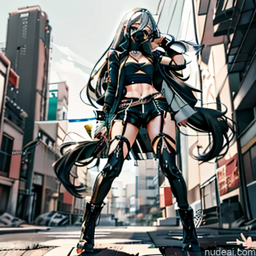 Woman One Perfect Body Girl 20s Seductive White Hair Long Hair Bangs Messy White Black And White Soft Anime Crisp Anime Cyberpunk Tokyo Front View Boots Choker Crop Top Face Mask Gloves Jacket Short Shorts Thigh Socks Whale Tail (Clothing) Urban Samurai V2 Detailed