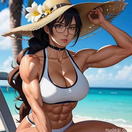 Woman Bodybuilder Busty Muscular Abs Tall Long Hair Tanned Skin Wooden Horse 20s Serious Ginger Hime Cut Irish Japanese Prison Straddling Nude Bondage