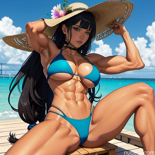 Woman Bodybuilder Busty Muscular Abs Tall Long Hair Tanned Skin Wooden Horse 20s Serious Ginger Hime Cut Irish Japanese Prison Straddling Bondage
