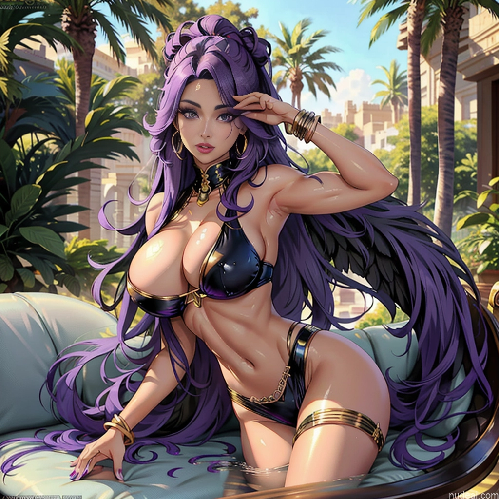20s Topless Purple Hair Huge Boobs Oiled Body Full Frontal Dark Skin Latina Two Couch Fur Cute Monster Egyptian Has Wings
