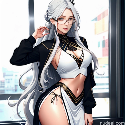 Woman One Glasses Long Hair 20s Seductive White Hair Bangs White Soft Anime Crisp Anime Bedroom Skinny Messy Dance Dress: Belly Dance Yoga