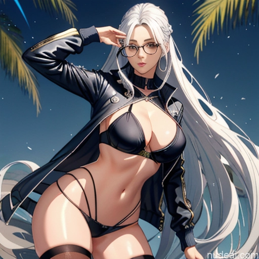 Woman One Skinny Long Hair Glasses 20s Seductive White Hair Straight Bangs White Close-up View Crop Top Jacket Short Shorts Whale Tail (Clothing) Thigh Socks