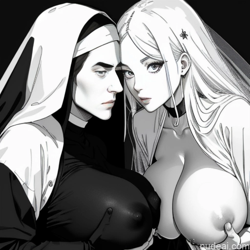 Nun No Panties? Jewelry Dark Lighting Detailed Breast Grab Church Soft Anime Crisp Anime Japanese Sexy Face Huge Boobs Big Hips Big Ass Two Woman + Man