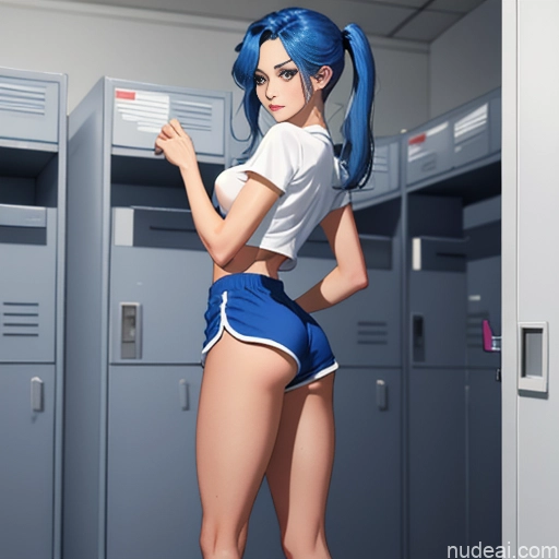 One Sorority Skinny Small Tits Small Ass Short Perfect Body 18 Blue Hair Pigtails White Locker Room Dolphin Shorts Short Shorts Shirt Transparent Soft Anime Illustration