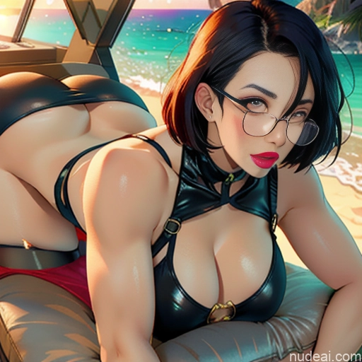 Ahegao (smile) Doggy Style Model Woman Beautiful Glasses Lipstick Perfect Boobs Sunglasses Big Ass Thick Perfect Body Oiled Body Short Hair 30s Black Hair Bobcut Indonesian Teacher