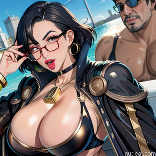 Ahegao (smile) Doggy Style Model Woman Beautiful Glasses Lipstick Perfect Boobs Sunglasses Big Ass Thick Perfect Body Oiled Body Short Hair 30s Black Hair Bobcut Indonesian Teacher Two