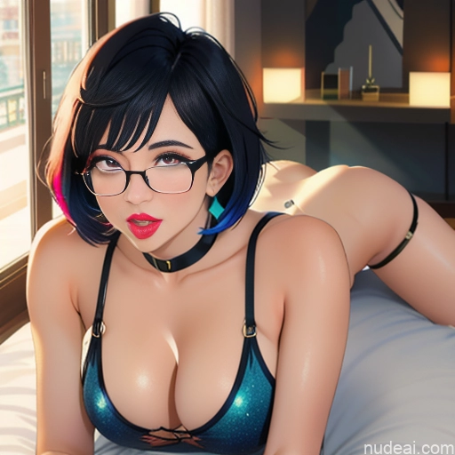 Woman Perfect Boobs Beautiful Glasses Lipstick Big Ass Thick Short Hair 30s Black Hair Bobcut Indonesian Soft Anime Bedroom Ahegao (smile) Tank Top Doggy Style