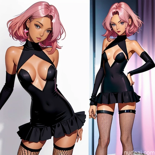 Sorority One Skinny Small Tits Big Ass Dark Skin 18 Pink Hair Black Soft Anime EdgHO, Fishnet_dress, ((fishnets,cut Out Dress), Wearing EdgHO
