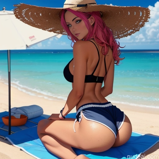 Woman Small Ass 18 Pink Hair Tanned Skin Black Soft Anime Back View Pose Panty Pull Dolphin Shorts