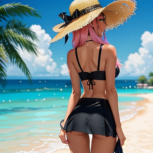 Small Ass 18 Pink Hair Tanned Skin Black Soft Anime Back View Better Swimwear Beach Tutu