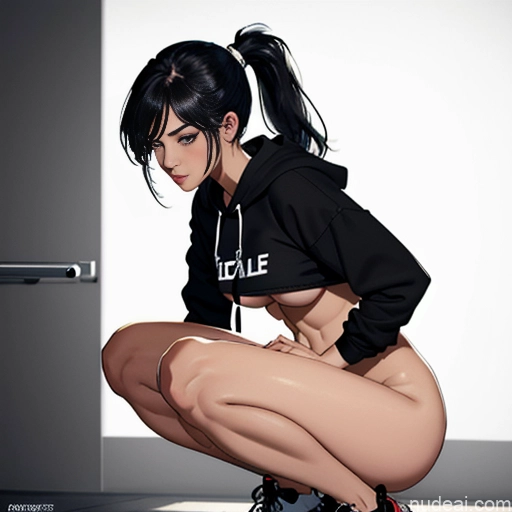 Squatting Nude Small Tits Cropped Hoodie Underboob Black Hair Ponytail