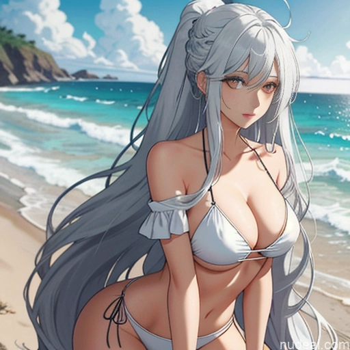 Woman One Skinny Long Hair 20s Seductive White Hair Bangs Messy White Soft Anime Beach Yoga True Off-shoulder Bikini