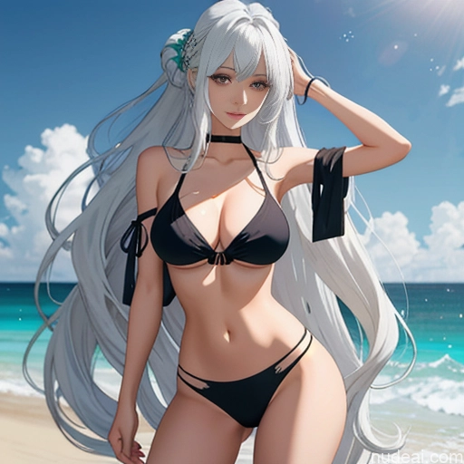 Woman One Skinny Long Hair 20s Seductive White Hair Bangs Messy White Soft Anime Beach Yoga True Off-shoulder Bikini Crisp Anime