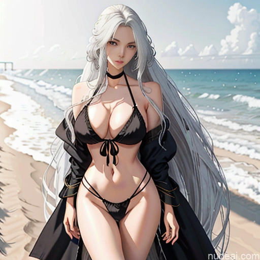 Woman One Skinny Long Hair 20s Seductive White Hair Bangs Messy White Soft Anime Beach True Off-shoulder Bikini Crisp Anime Legspread