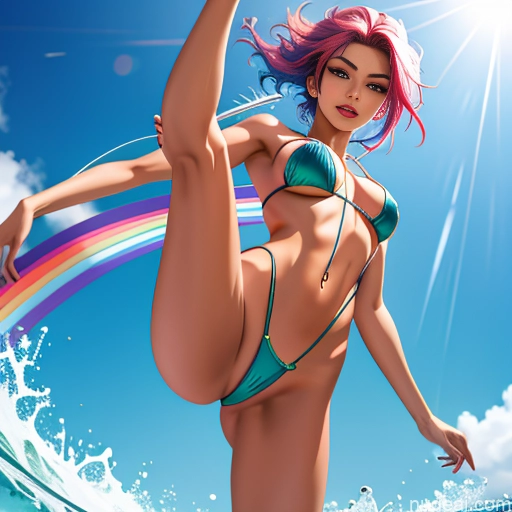 Model Anis Nikke Richy 18 Ahegao Rainbow Haired Girl Slicked Japanese Pose Standing One Leg Up Slingshot Swimsuit (Wedgie+Pubic Hair)