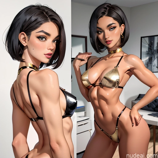 Beautiful Small Ass Perfect Body Short Hair 18 Gold Jewelry Detailed Pixie Model Black Hair Two Open Lingerie Naked Hoodie 裸体卫衣 Perfect Boobs