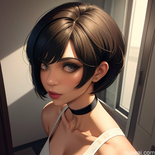 ai nude image of pics of One Sorority Skinny Small Tits Small Ass Short Short Hair Brunette Pixie Messy White Soft Anime Bedroom Choker Mesh Jumpsuit Blowjob Devil