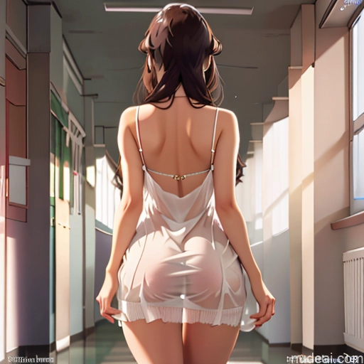 One Milf White School Hallway Brunette Straight Soft Anime Downblouse: 俯身露乳 See-Through Dress Teacher