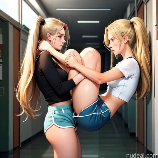 Two Sorority School Hallway 18 Sad Blonde Brunette Straight Pigtails White Soft Anime Scissors Pose Dolphin Shorts