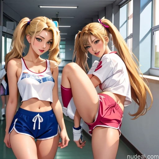 Asian Sorority Two 18 Sexy Face Blonde Brunette Pigtails Straight Soft Anime School Hallway Dolphin Shorts Scissors Pose