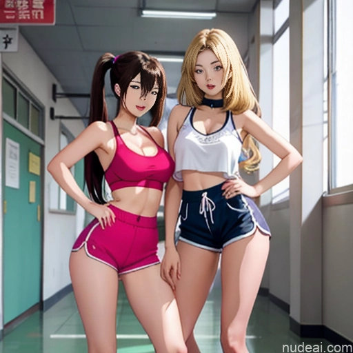 Asian Sorority Two 18 Sexy Face Blonde Brunette Pigtails Straight Soft Anime School Hallway Dolphin Shorts Scissors Pose