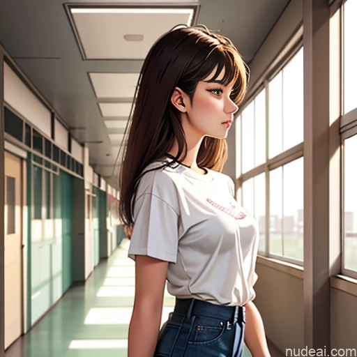Soft Anime One Sorority School Hallway 18 Brunette Straight White Side View Sleeping Shirt High-waist Denim Shorts