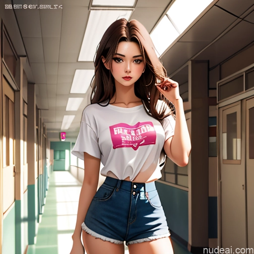 One Sorority School Hallway 18 Brunette Shirt High-waist Denim Shorts Soft Anime