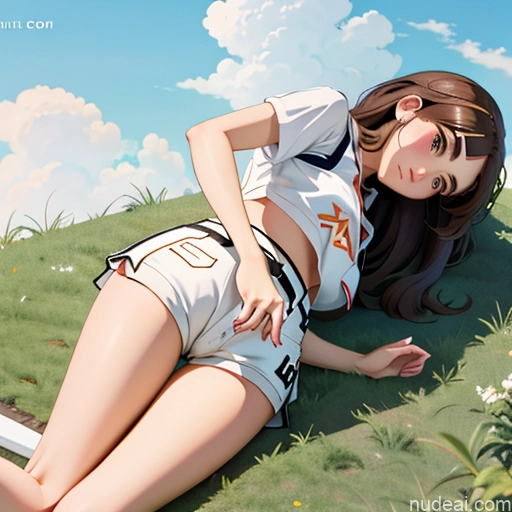One Sorority Brunette White High-waist Denim Shorts Illustration Soft Anime Pose 不小心摔倒 Fallen_down