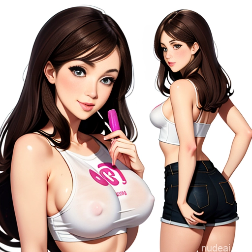 One Sorority Brunette White Big Ass High-waist Denim Shorts Soft Anime Illustration Licking-nipple Handjob