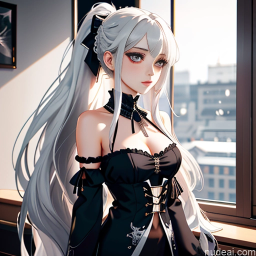 Woman One Skinny Long Hair 20s White Hair White Seductive Bedroom Bangs Messy Soft Anime Goth Gals V1 Topless